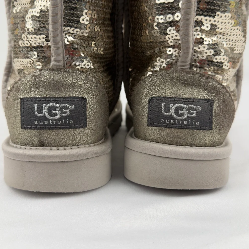 UGG Classic Short Sequin Sparkle Boots Silver Womens US 5